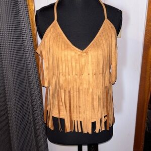 Fringe Suede Look V-Neck Cami Top - Tan